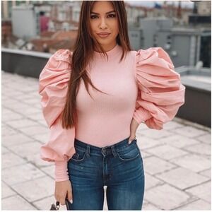 Why Dress Long Frill Balloon Puff Sleeve Ribbed Holiday Pink Small Top Blouse